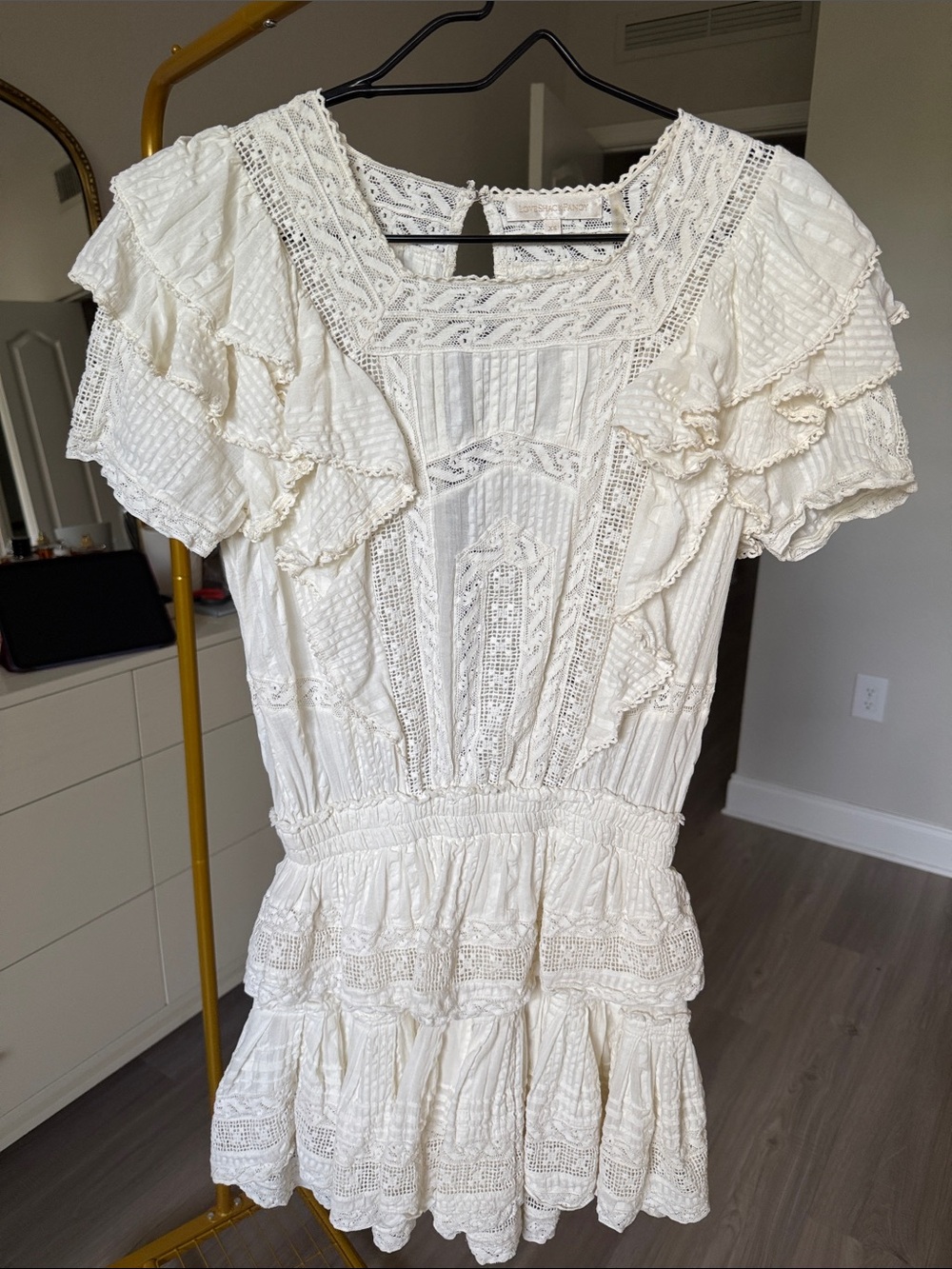 LoveShackFancy Cream Lace Ruffle Mini Dress